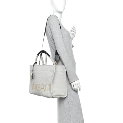 Canvas Calfskin Studded Large Logo Tote Bag Ecru Black