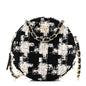 Tweed Quilted Round Clutch With Chain Black Ecru White