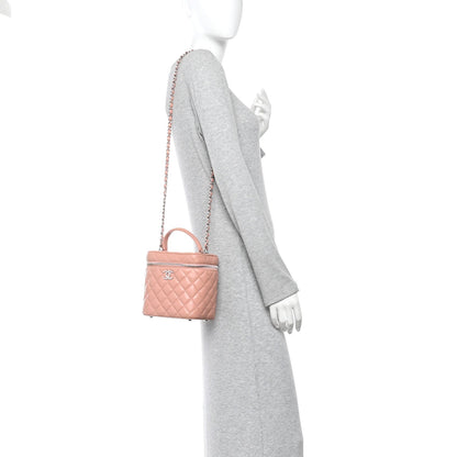 Lambskin Quilted Top Handle Vanity Case With Chain Light Pink