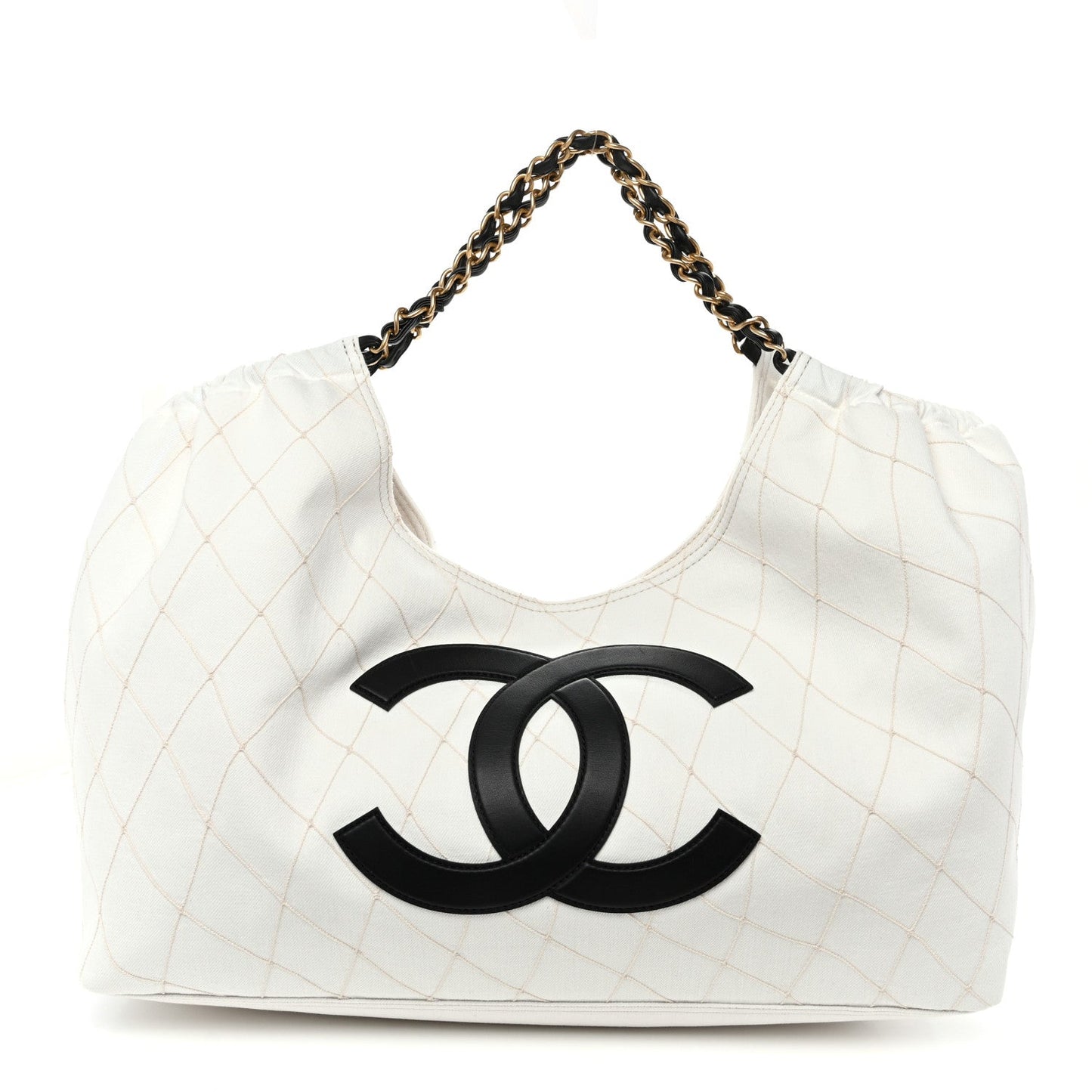 Denim Calfskin Quilted Coco Beach Small Shopping Tote White Black