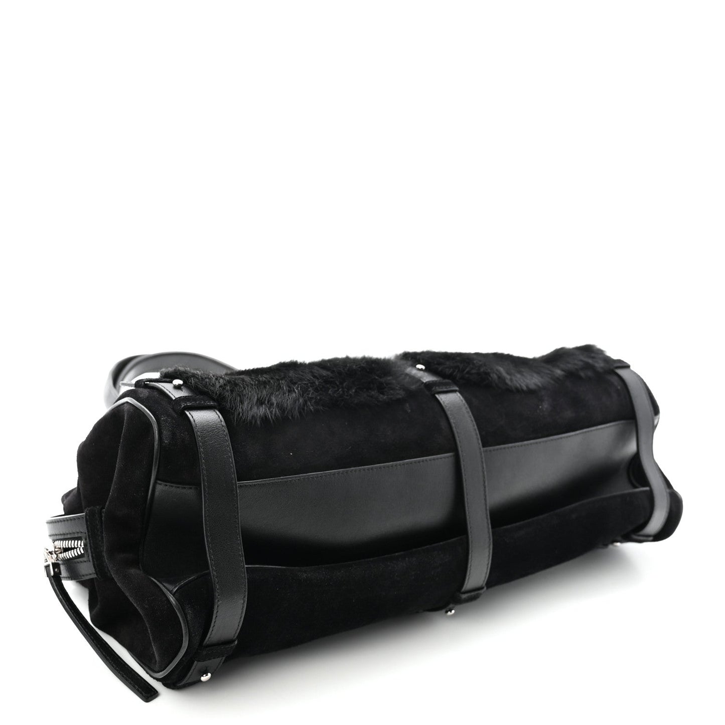 Fur Calfskin Suede Top Handle East West Tote Bag Black