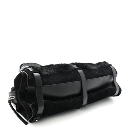 Fur Calfskin Suede Top Handle East West Tote Bag Black