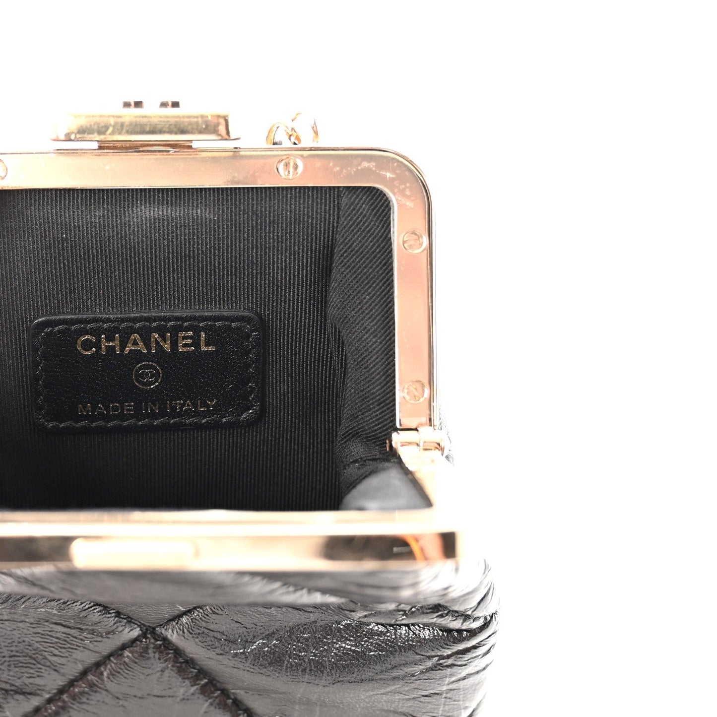 Shiny Aged Lambskin Quilted Kiss Lock Clutch With Chain Black