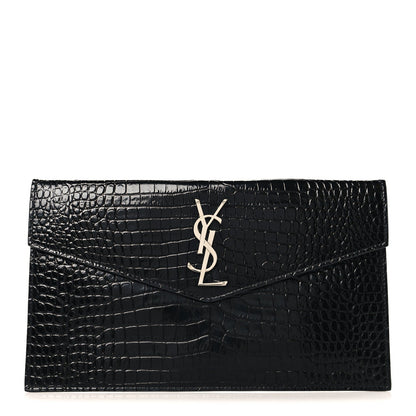 Calfskin Crocodile Embossed Uptown Monogram Pouch Black