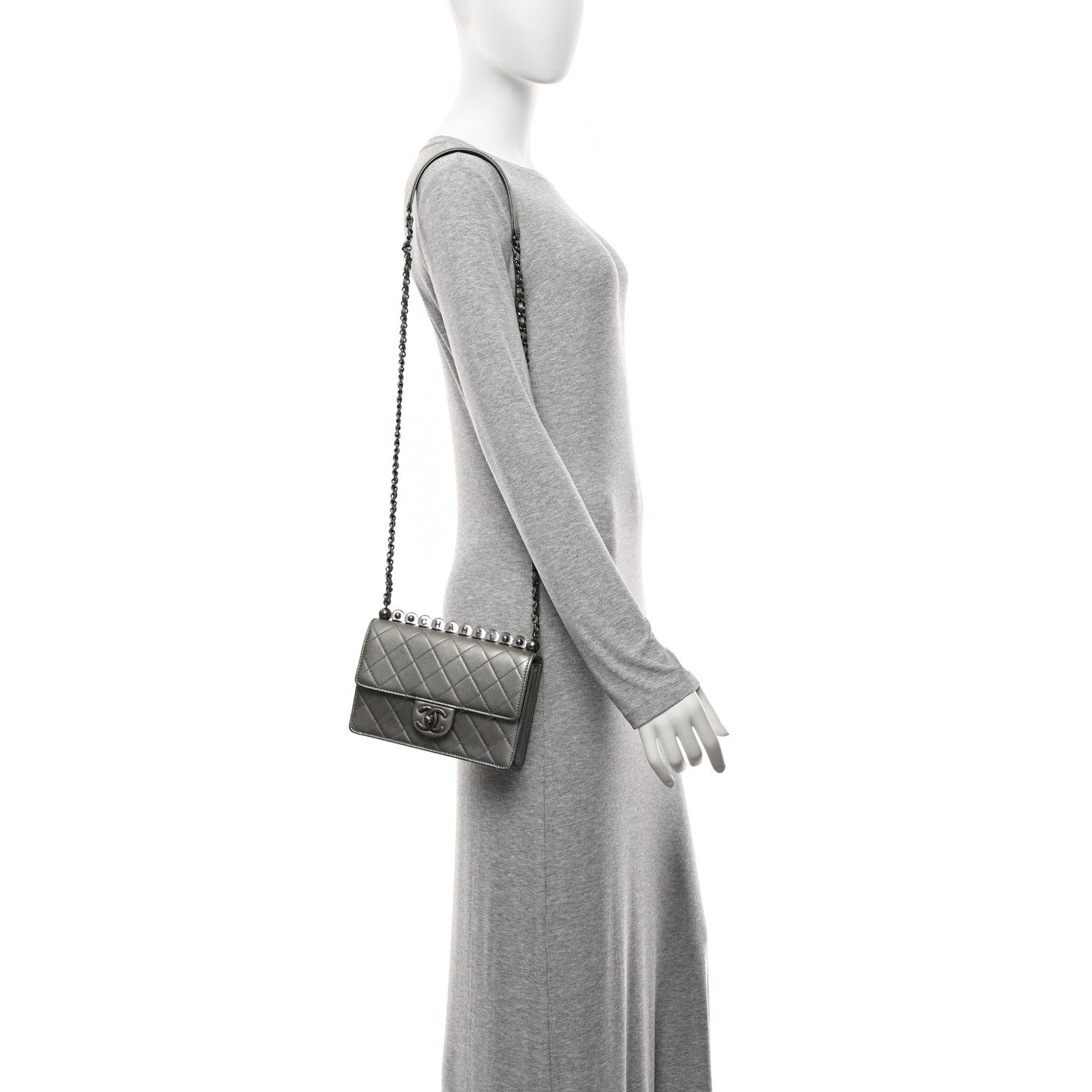 Metallic Goatskin Quilted Small Chic Pearls Flap Silver