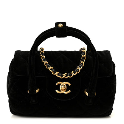 Velvet Quilted Mini Top Handle Flap Black