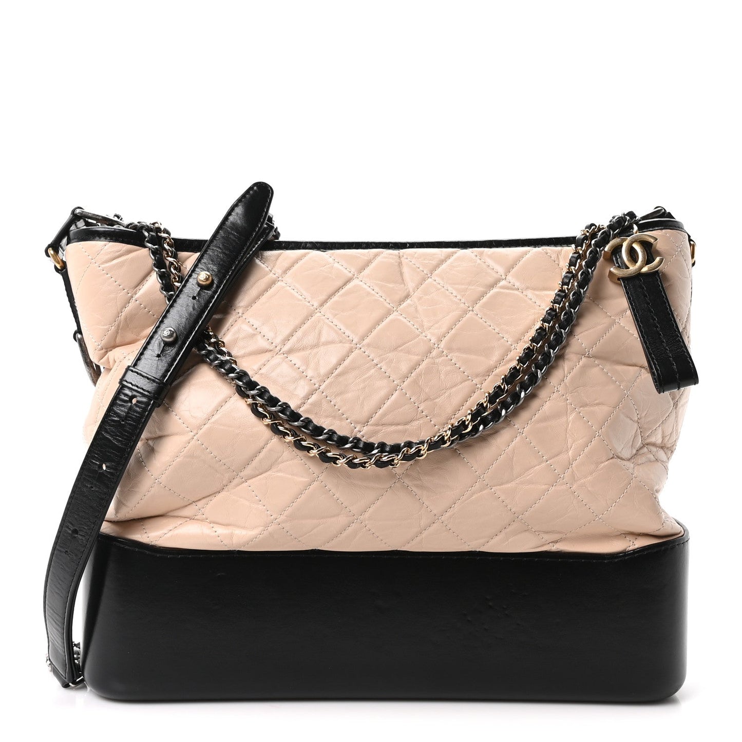Aged Calfskin Quilted Large Gabrielle Hobo Beige Black