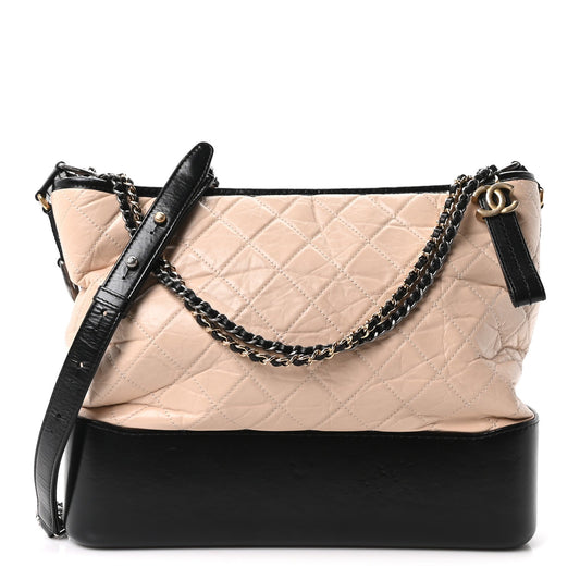 Aged Calfskin Quilted Large Gabrielle Hobo Beige Black