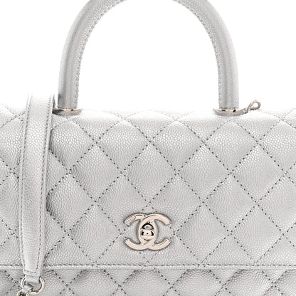 Metallic Caviar Quilted Mini Coco Handle Flap Silver