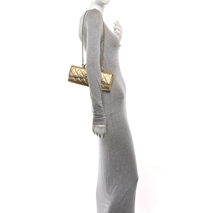 Metallic Caviar Quilted Top Handle Long Clutch With Chain Gold