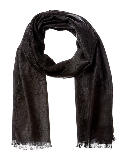 Gucci Logo Small Jacquard Wool & Silk-Blend Scarf Grey