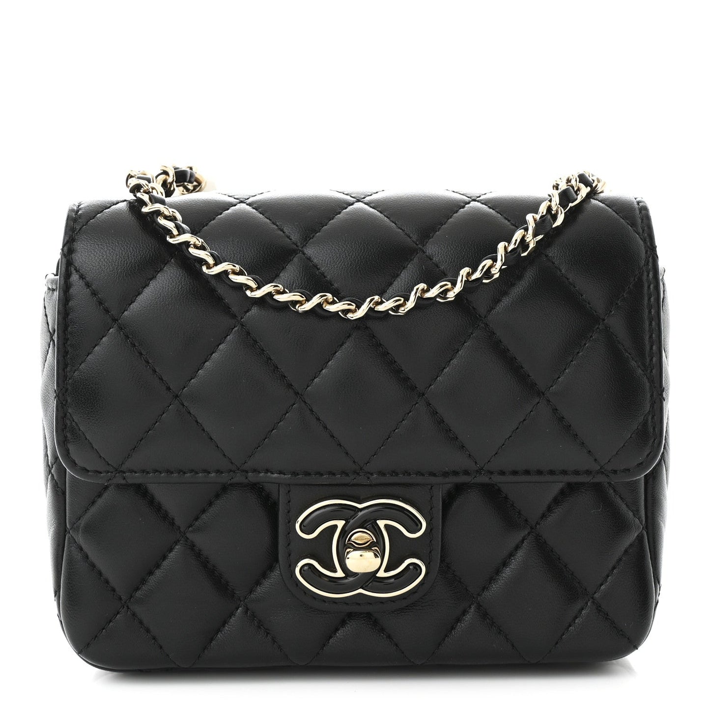 Lambskin Resin Quilted Mini Heart Square Flap Black
