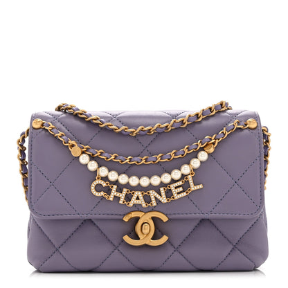 Shiny Lambskin Quilted Mini Pearl Logo Flap Light Purple