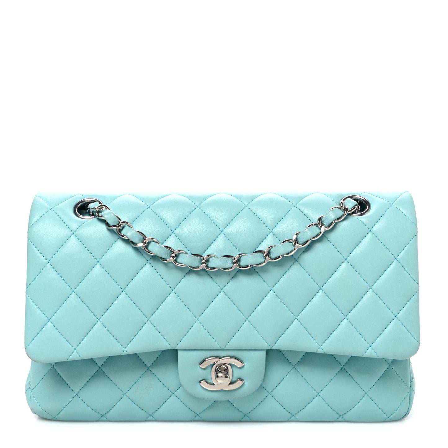 Lambskin Quilted Medium Double Flap Light Blue