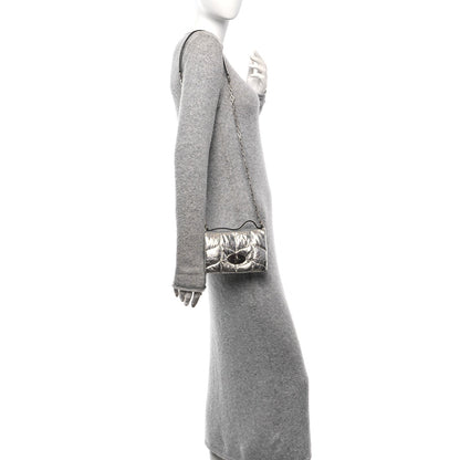 Metallic Crinkled Nappa Pillow Quilted Tiny Softie Bag Silver