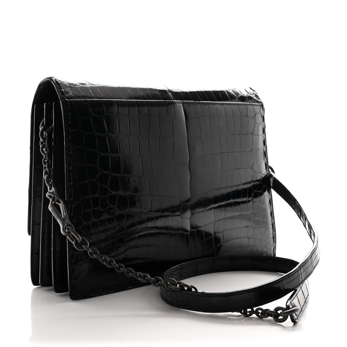 Crocodile Accordion Flap Shoulder Bag Black