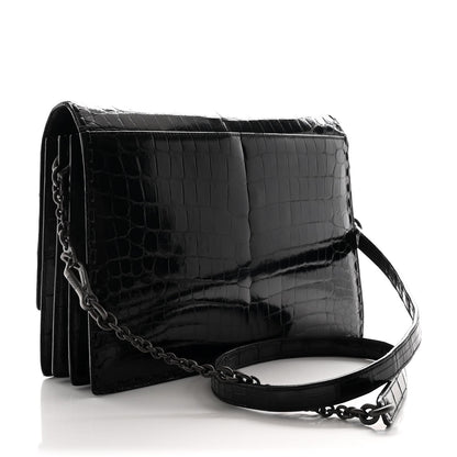Crocodile Accordion Flap Shoulder Bag Black