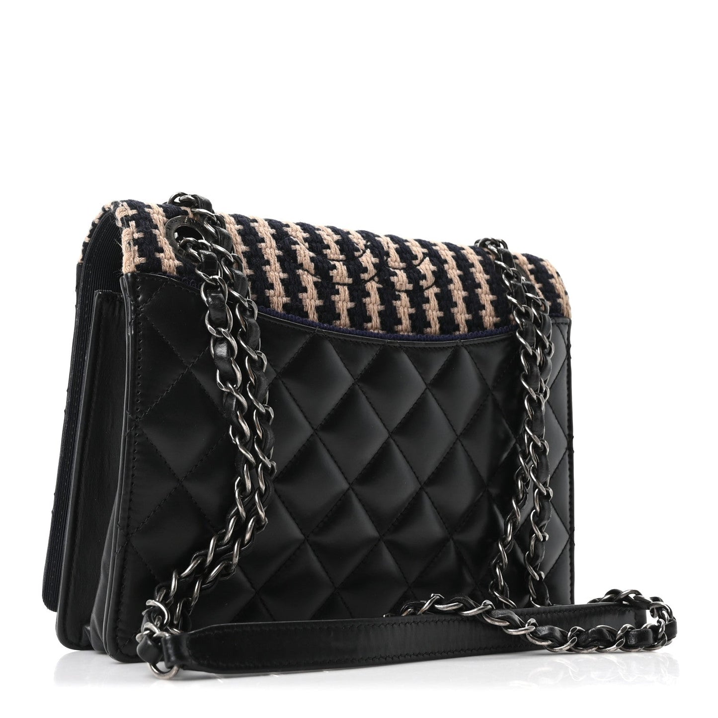 Tweed Calfskin Quilted Ballerine Flap Black Navy Beige