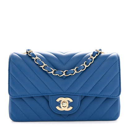 Lambskin Chevron Quilted Mini Rectangular Flap Dark Blue
