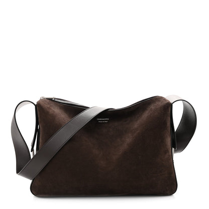 Suede Calfskin Gancini Twins Slouchy Crossbody Bag Brown