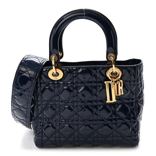 Patent Cannage Medium Supple Lady Dior  Navy Blue