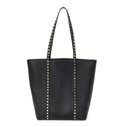 Grained Calfskin North South Rockstud Tote Black