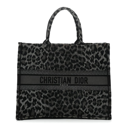 Canvas Mizza Embroidered Large Leopard Book Tote Grey