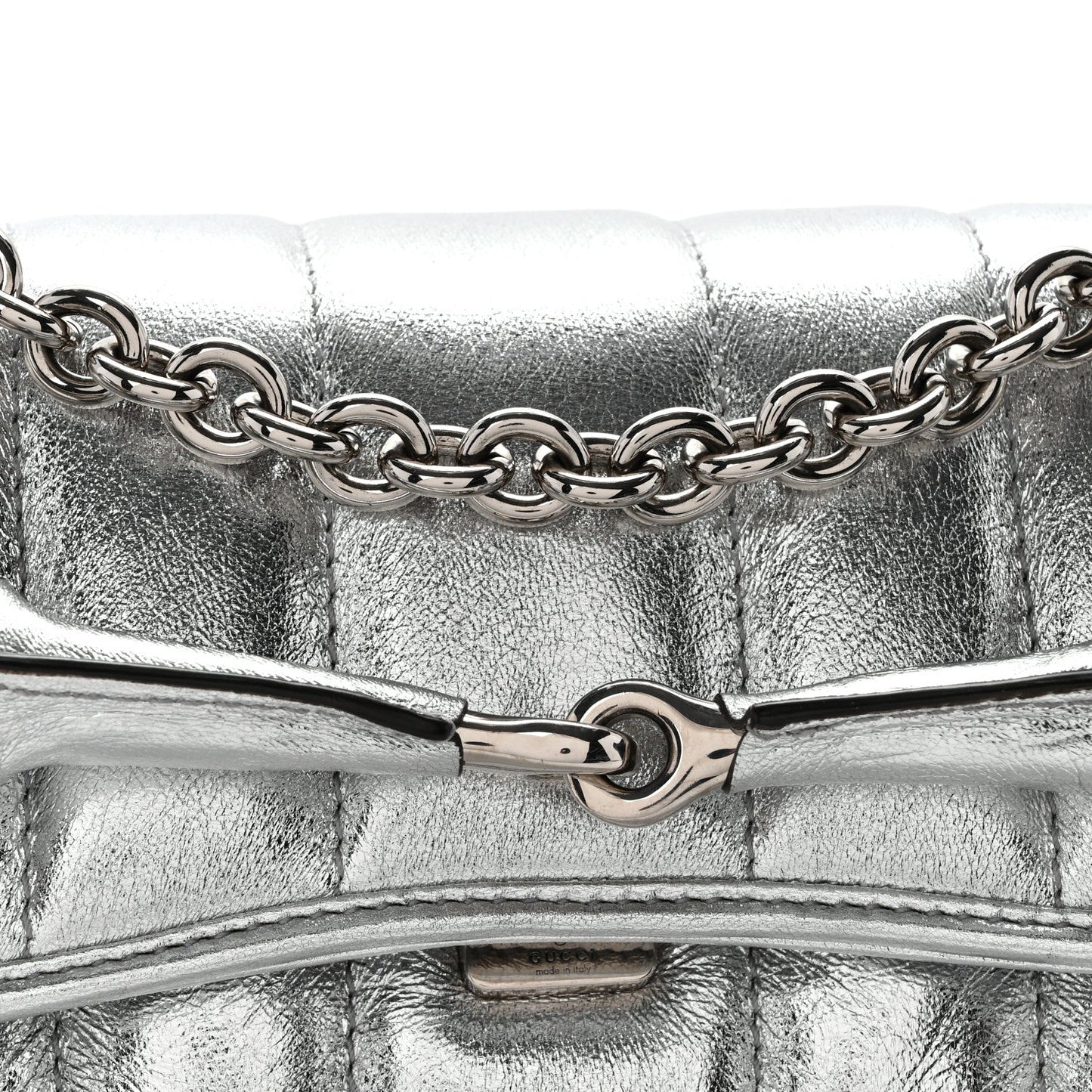 Metallic Nappa Vertical Matelasse Small Maxi Horsebit Chain Shoulder Bag Silver