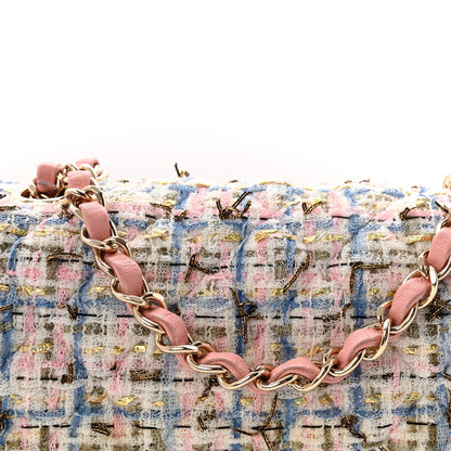 Tweed Quilted Mini Rectangular Flap Light Blue Pink Gold White