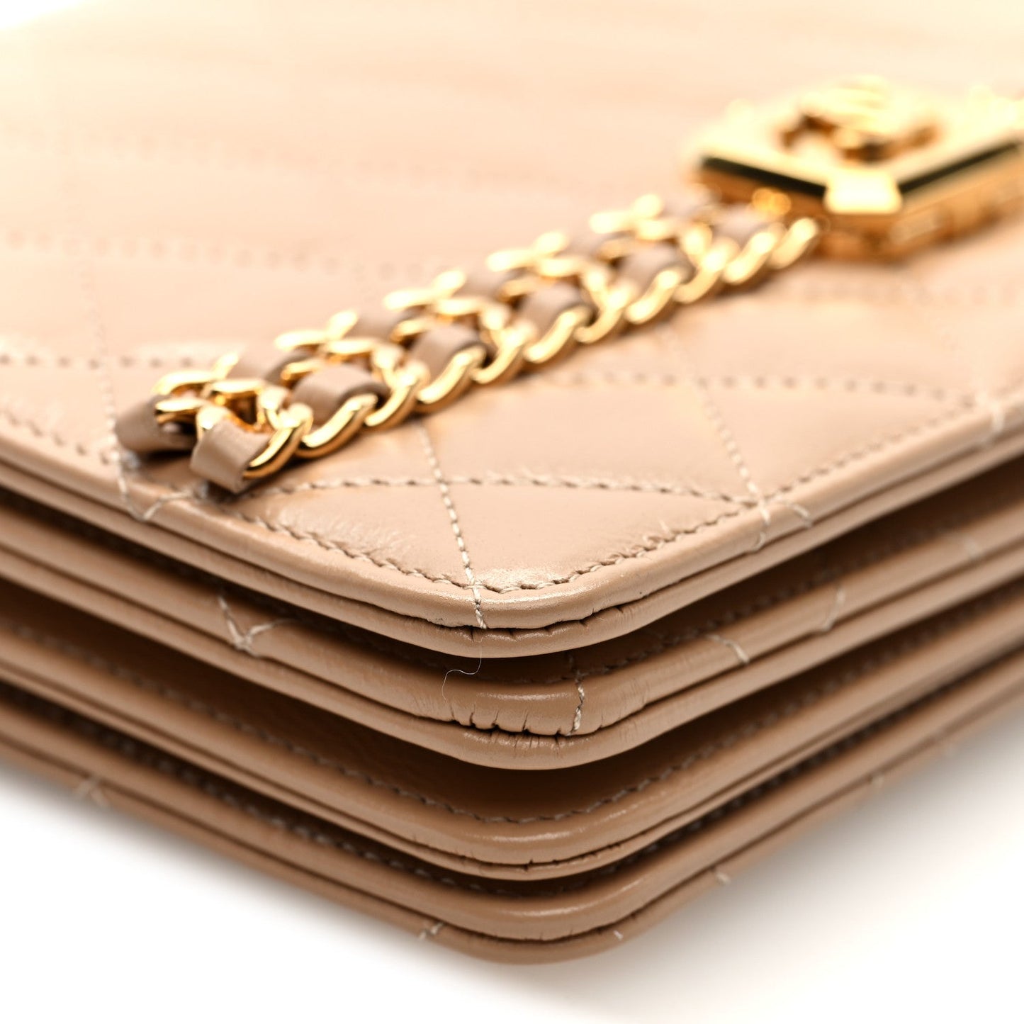Shiny Aged Calfskin Quilted Clutch With Chain Dark Beige