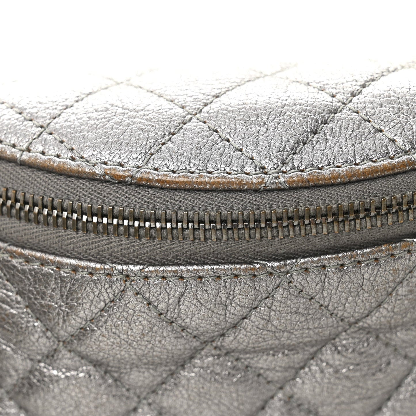 Metallic Calfskin Quilted Banane Waist Bag Fanny Pack Dark Silver