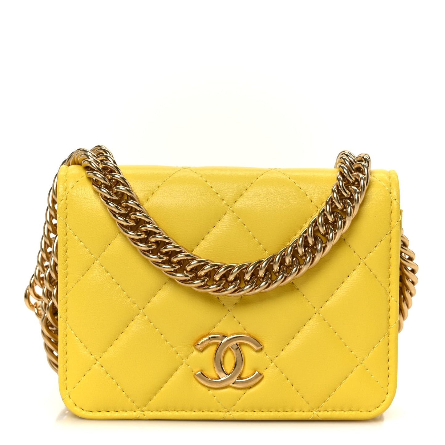 Lambskin Quilted Enamel Logo Flap Card Holder On Chain Yellow
