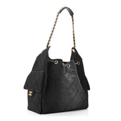 Washed Denim Quilted Medium Chanel 25 Handbag Black