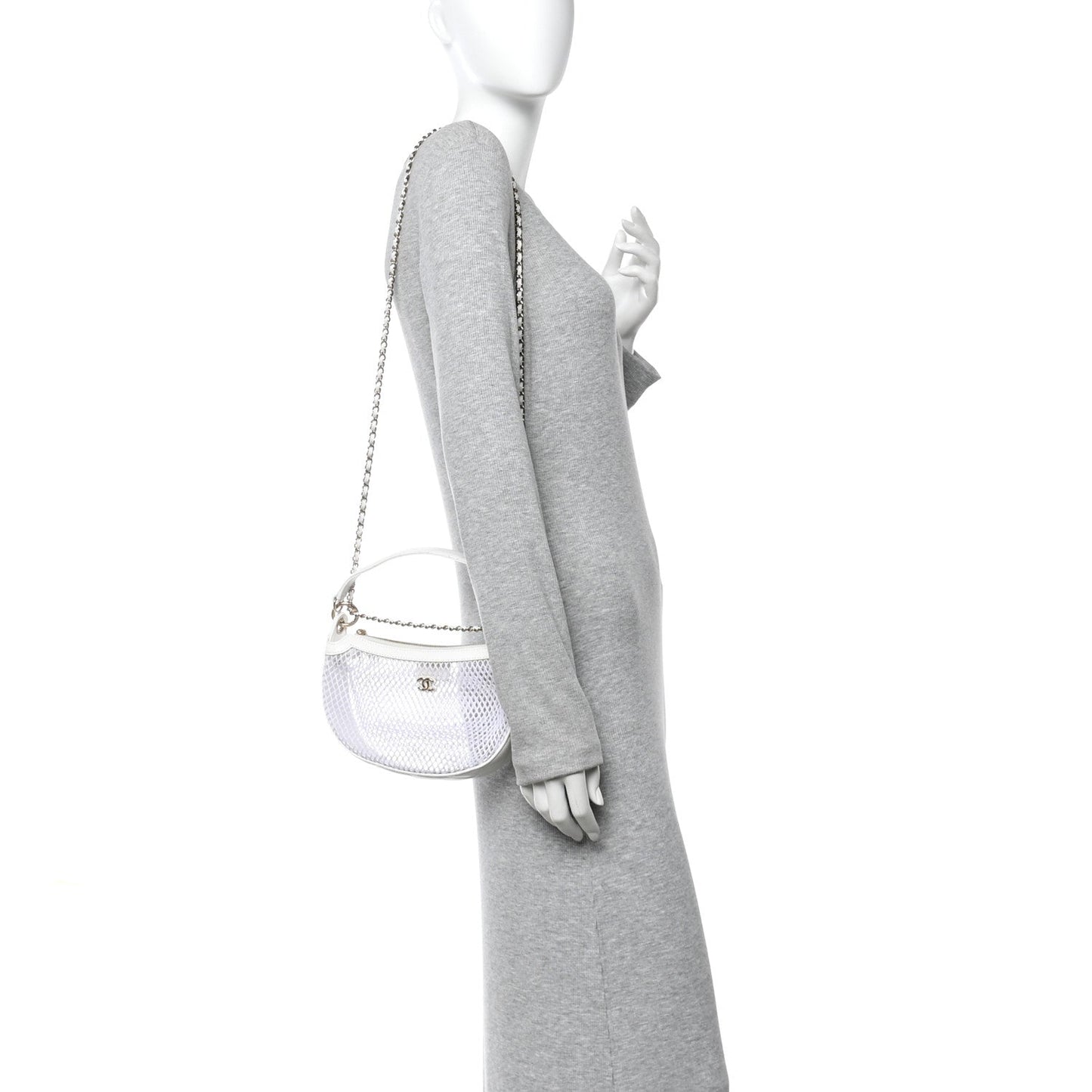 Mesh Shiny Lambskin Chain Hobo White