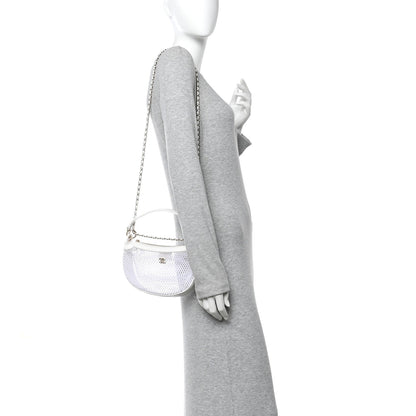 Mesh Shiny Lambskin Chain Hobo White