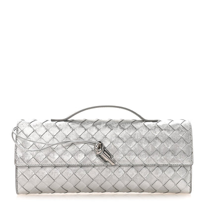 Metallic Lambskin Intrecciato Long Andiamo Top Handle Clutch Silver