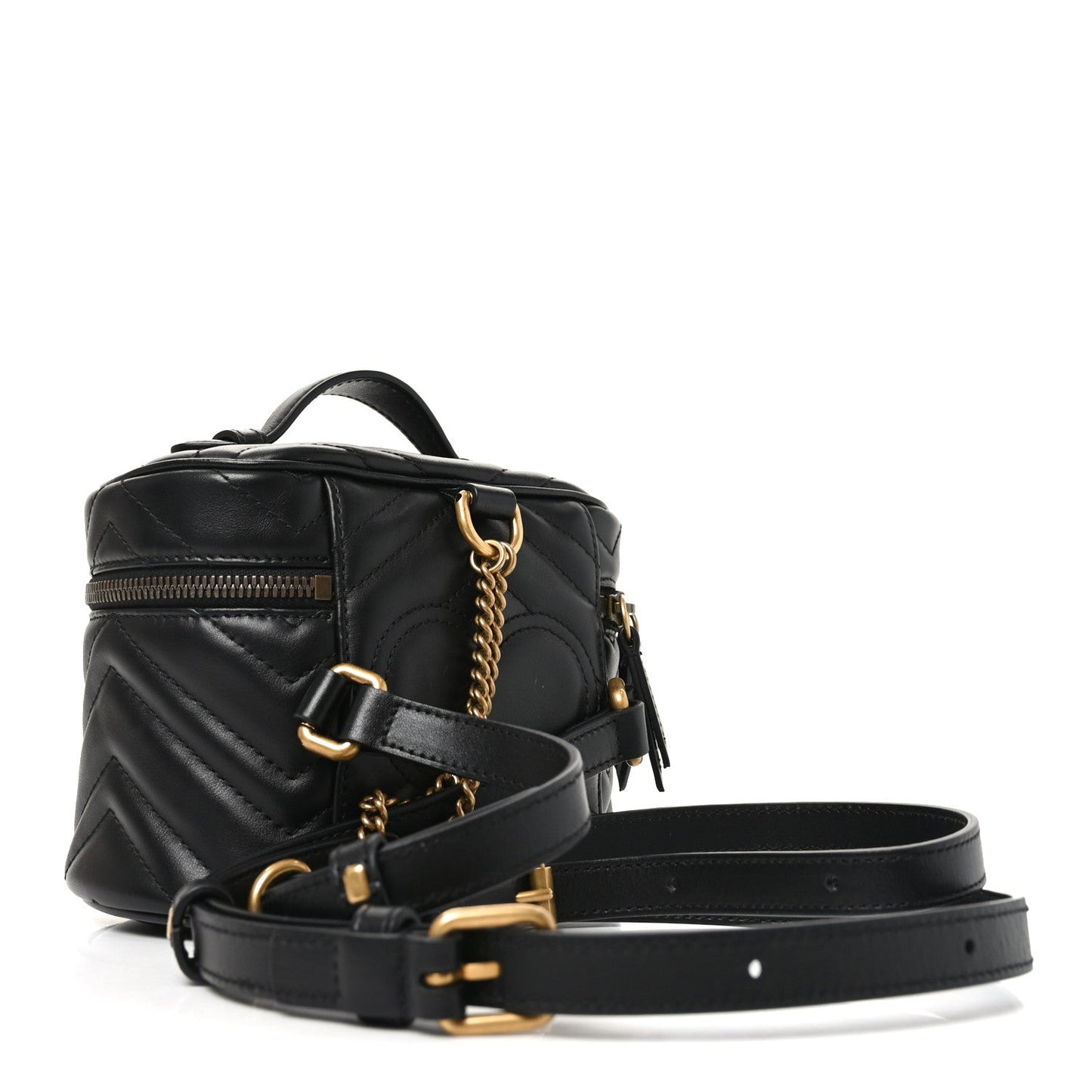 Calfskin Matelasse Chevron Mini GG Marmont Top Handle Bag Black