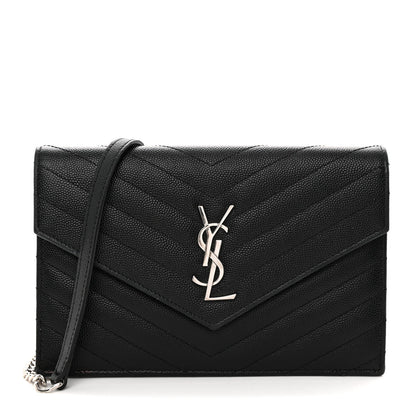 Grain De Poudre Matelasse Chevron Monogram Envelope Chain Wallet Black