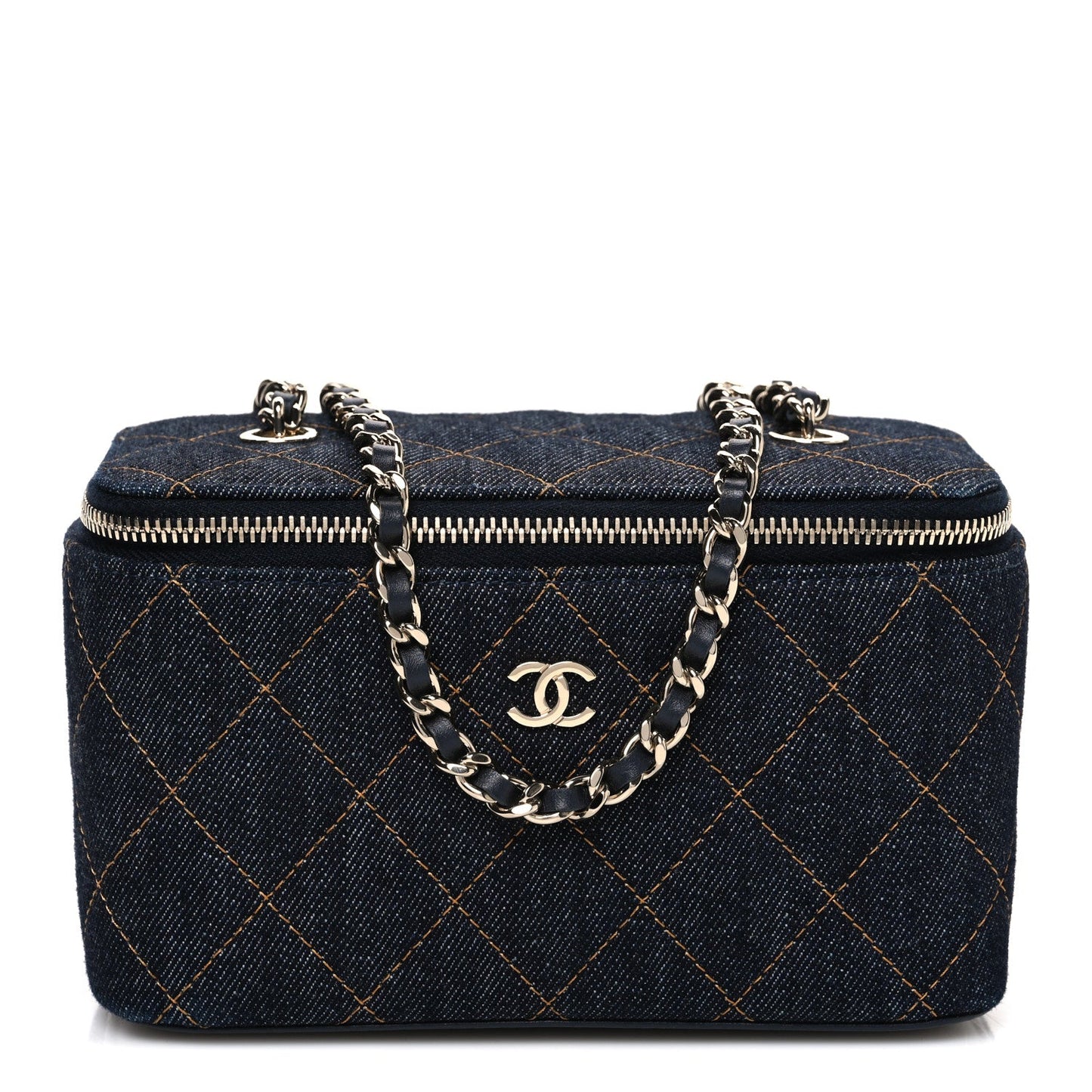 Denim Quilted Small Vanity Case With Chain Dark Blue Orange
