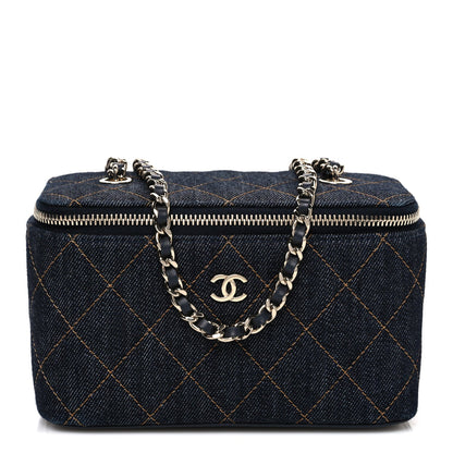 Denim Quilted Small Vanity Case With Chain Dark Blue Orange