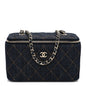 Denim Quilted Small Vanity Case With Chain Dark Blue Orange