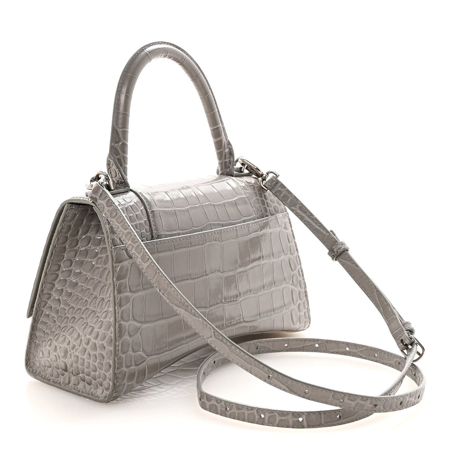 Shiny Calfskin Crocodile Embossed Small Hourglass Top Handle Bag Balenciaga Grey