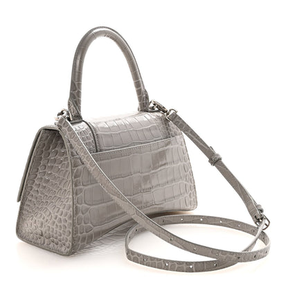 Shiny Calfskin Crocodile Embossed Small Hourglass Top Handle Bag Balenciaga Grey