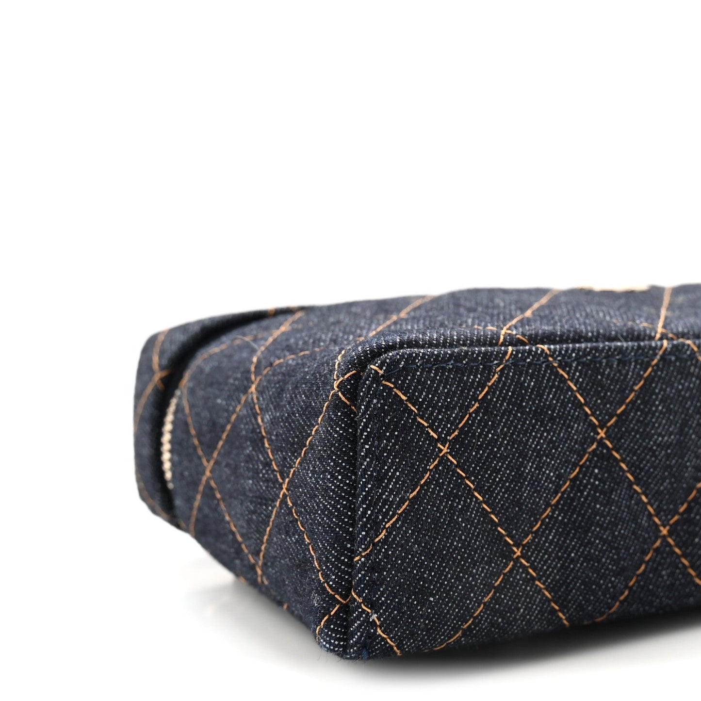 Denim Quilted Top Handle Slim Vanity Case With Chain Dark Blue Orange