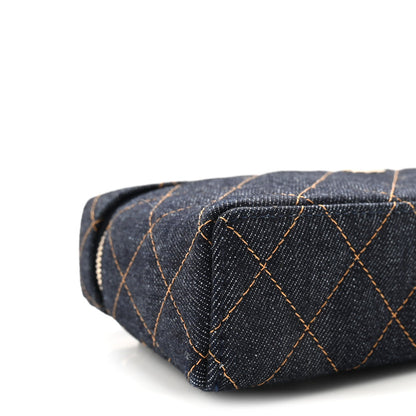 Denim Quilted Top Handle Slim Vanity Case With Chain Dark Blue Orange