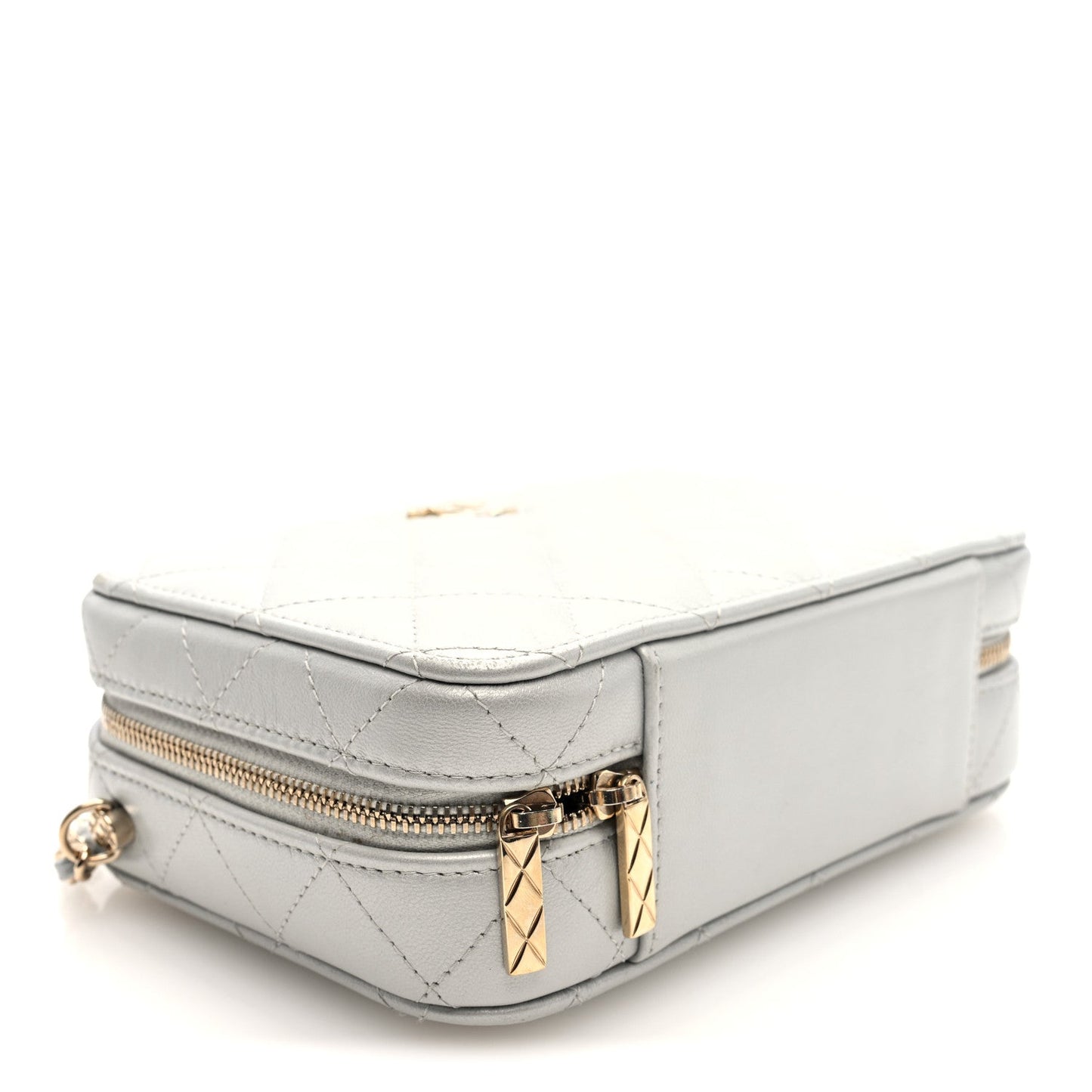 Metallic Lambskin Quilted Top Handle Vanity Case Silver