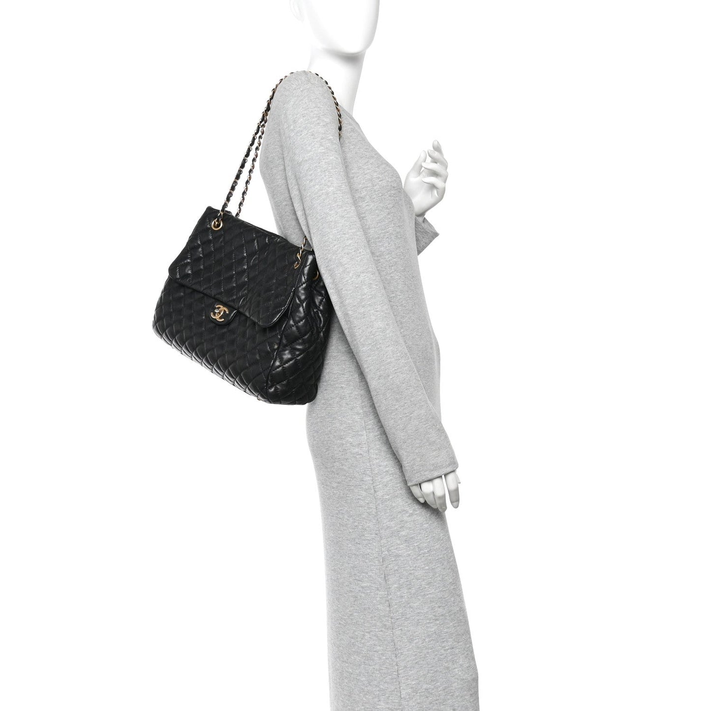 Lambskin Quilted Large Fluffy CC Shopping Tote Black