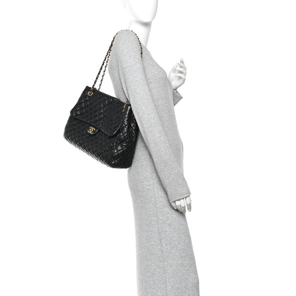 Lambskin Quilted Large Fluffy CC Shopping Tote Black