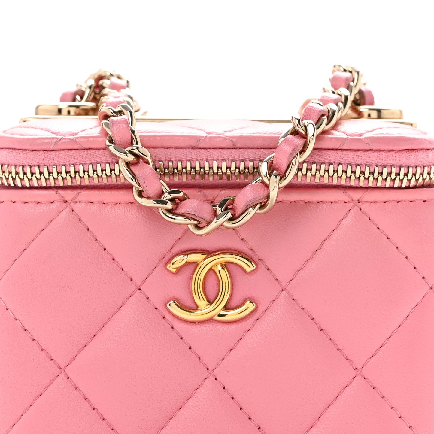 Lambskin Quilted Trendy Mini Vanity Case With Chain Pale Pink