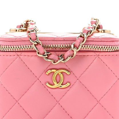 Lambskin Quilted Trendy Mini Vanity Case With Chain Pale Pink